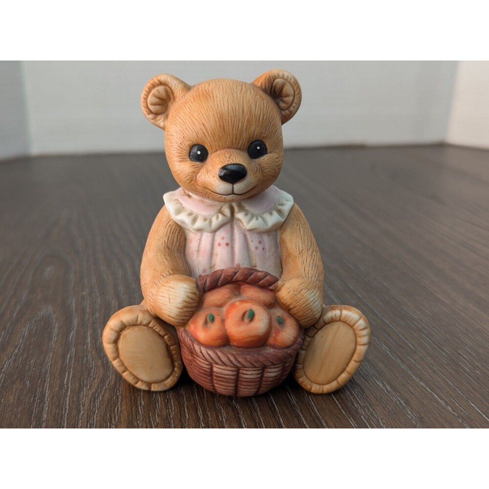 Vintage HOMCO 1405 Female Bear Figurine Basket Apples Country Farm Fall Harvest
